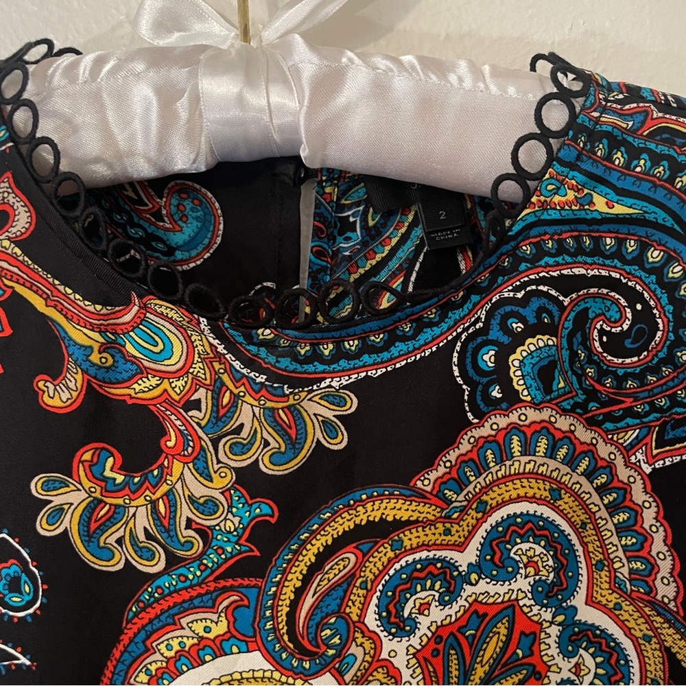 J.Crew Black Silk Paisley Blouse Picot Trim Button Back Size 2 - Picture 3 of 9